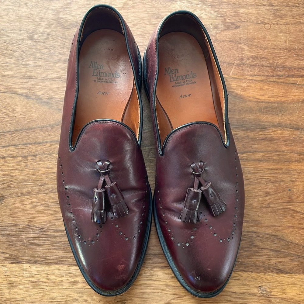 Allen Edmonds oxblood tassel loafers